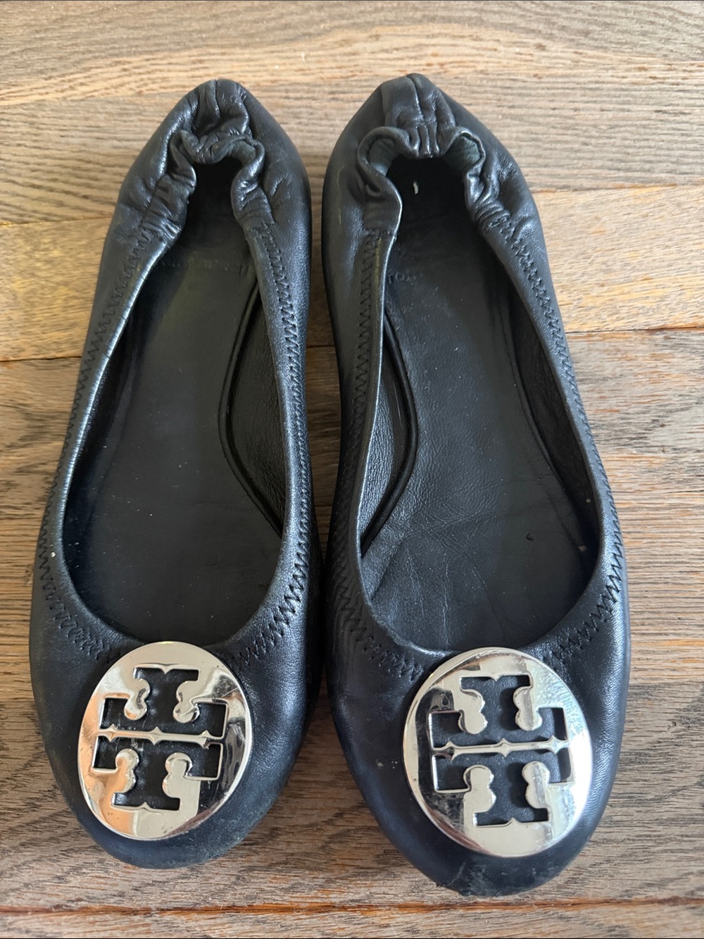 Tory Burch Black Leather Ballet Flats with Silver Logo Medallions